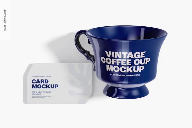 PSD vintage coffee cup with card mockup, top view