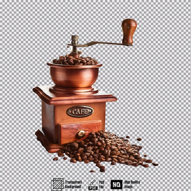 A vintage coffee grinder with coffee beans spilling out