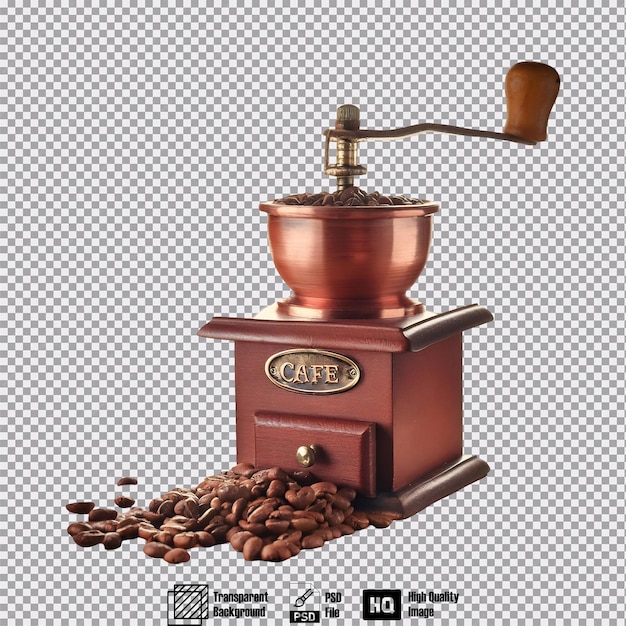 A vintage coffee grinder with coffee beans spilling out