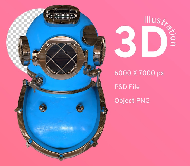 PSD vintage diving helmet blue color part of a diving suit