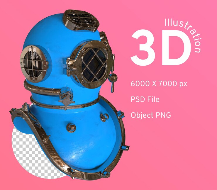 PSD vintage diving helmet blue color part of a diving suit