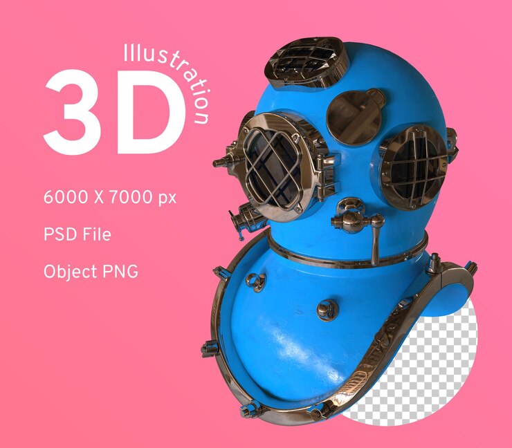 PSD vintage diving helmet blue color part of a diving suit