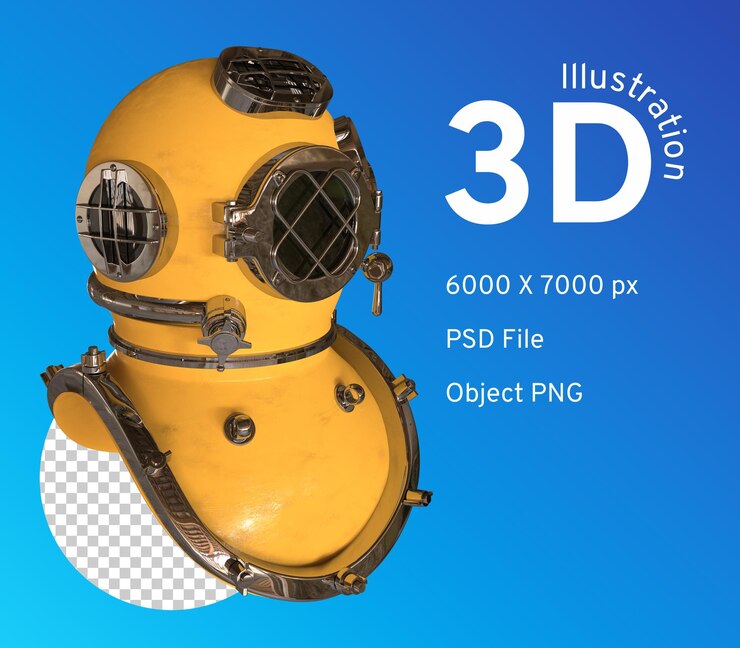 PSD vintage diving helmet yellow color part of a diving suit