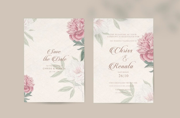 PSD vintage dubbelzijdige bruiloft uitnodiging sjabloon met roze bloem