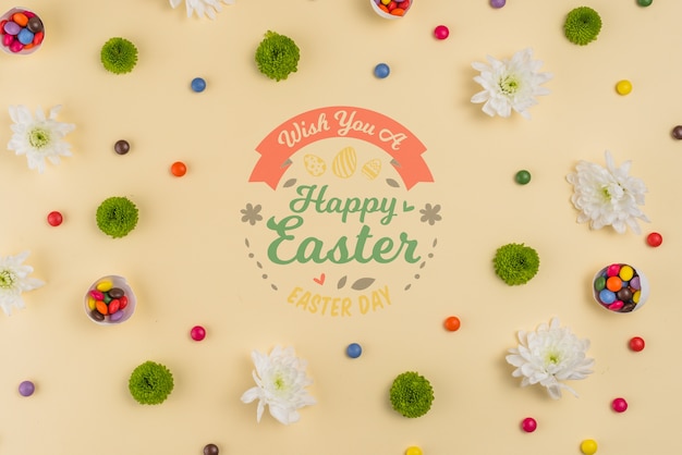 PSD mockup di giorno di pasqua dell'annata con i fiori