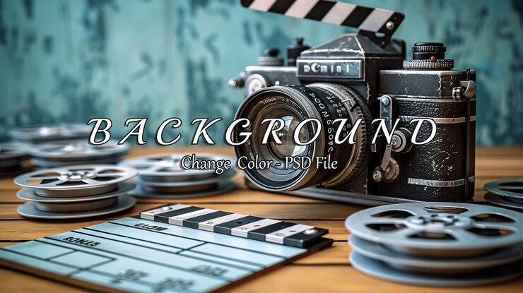 PSD vintage film camera and clapperboard