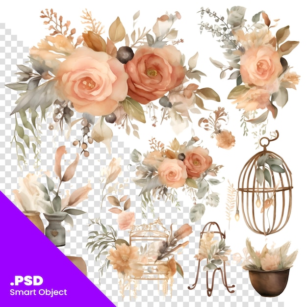 PSD vintage floral watercolor set for your design vector illustration psd template