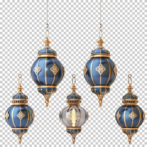 Lanterne arabiche d'oro d'epoca e di ramadan con candele luminose isolate su uno sfondo trasparente