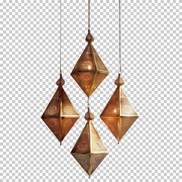 Vintage gold arabic and ramadan lanterns with glowing candles isolated on transparent background