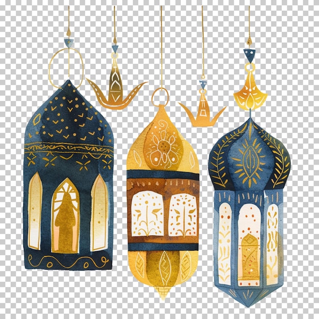 Lanterne arabiche d'oro d'epoca e di ramadan con candele luminose isolate su uno sfondo trasparente