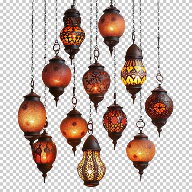 PSD lanterne arabiche d'oro d'epoca e di ramadan con candele luminose isolate su uno sfondo trasparente