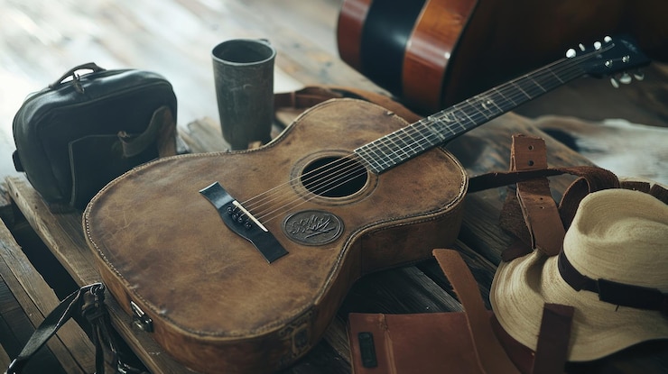 PSD vintage guitar and accessories on a wooden surface