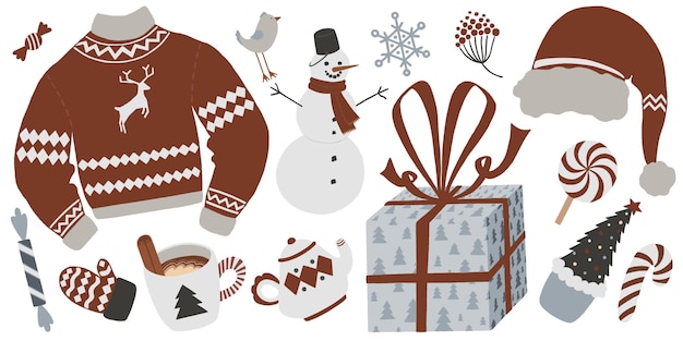 vintage hand drawn cozy winter collection folk art retro christmas sweater snowman gift box bundle