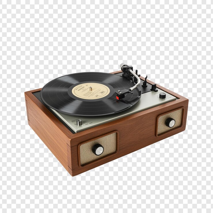 PSD vintage houten platenspeler op doorzichtige achtergrond