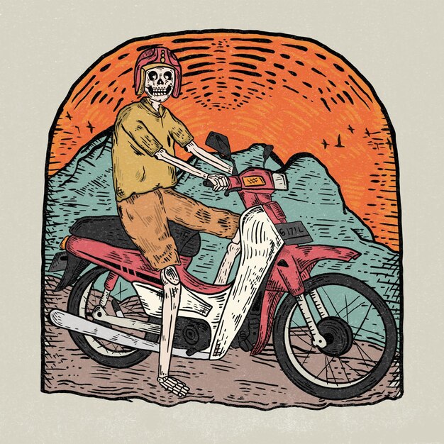 PSD illustrazione vintage di un teschio che guida una vecchia motocicletta