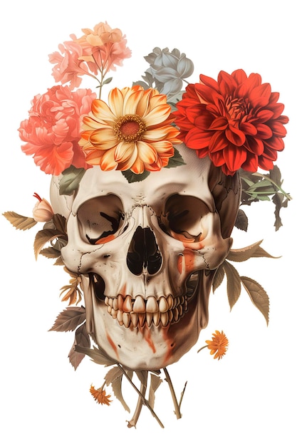 PSD illustrazione vintage di un cranio con fiori