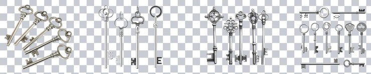 PSD vintage keys collection displayed on a rustic surface on the transparent background png format
