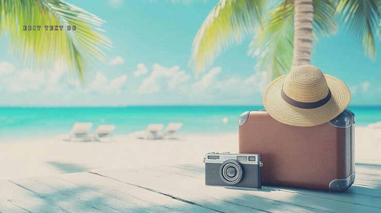PSD vintage koffer hoed en camera op een strand
