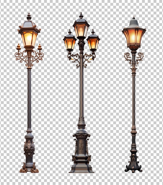 PSD vintage lamp post set isolated on transparent background