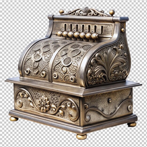 a vintage looking metal cash register with a scroll
