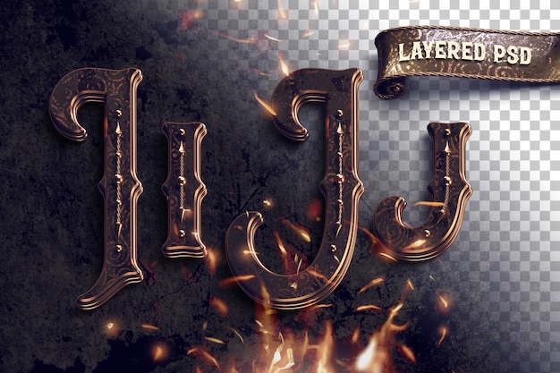 PSD vintage metallic alphabet with fire