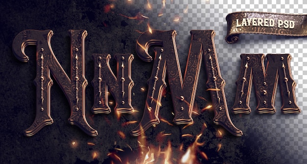 Vintage metallic alphabet with fire