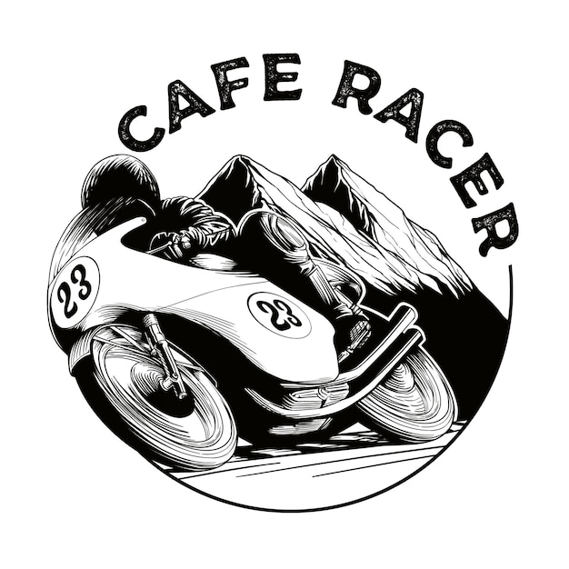 PSD logo di un garage di motociclette d'epoca insegna illustrazione disegnata a mano