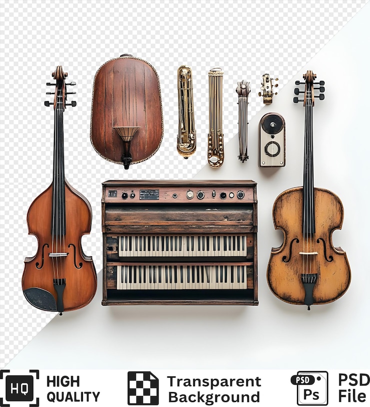 PSD vintage musical instruments set including a keyboard two violins a trumpet a harp and a vintage microphone isolated on transparent background