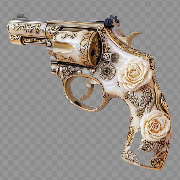 PSD vintage pearl handled revolver engraved with roses and capab game asset isolated concept png design