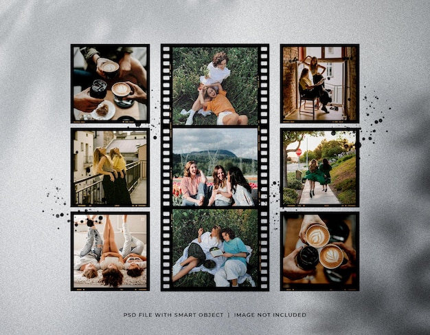 Vintage photo filmstrip set mockup with ink blots