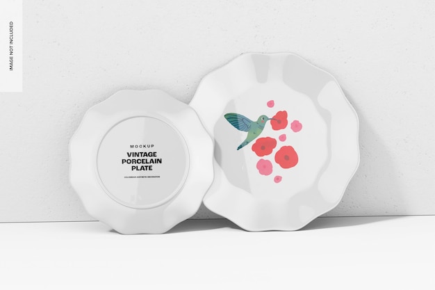 Vintage porcelain plates mockup, front and back view