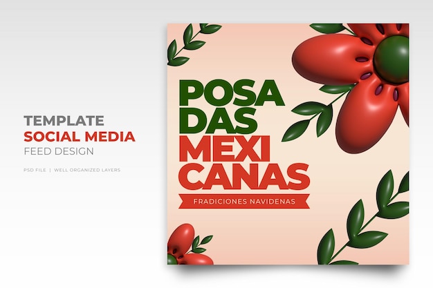 PSD vintage posadas mexicanas social media post with 3d render elements