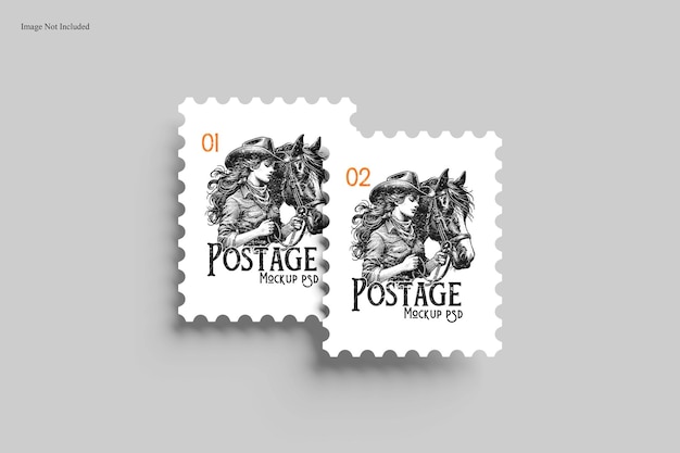 Vintage postzegel mockup met een vrouw met een paard