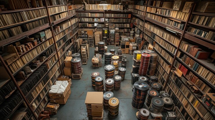 PSD vintage records stored in a large archive room