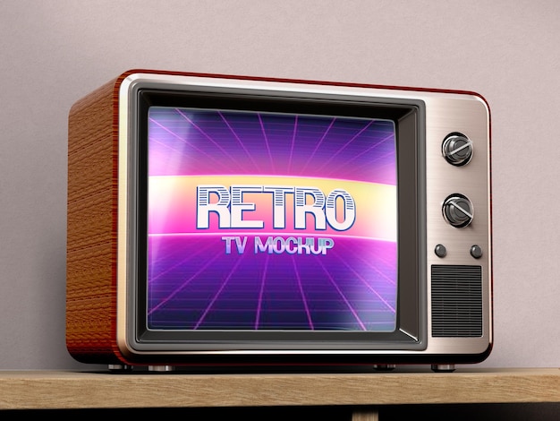 PSD vintage retro tv mockup na drewnianym stole