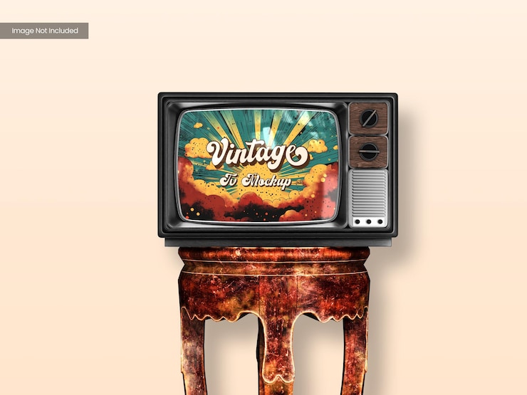 PSD vintage retro tv mockup on wooden table