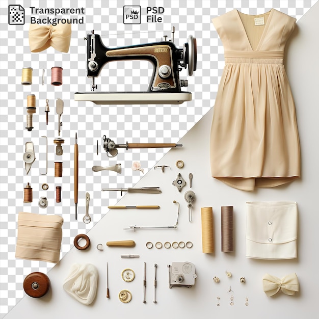 PSD vintage sewing machine and fabrics set displayed on a transparent background accompanied by a white dress silver and gold earrings and a white towel