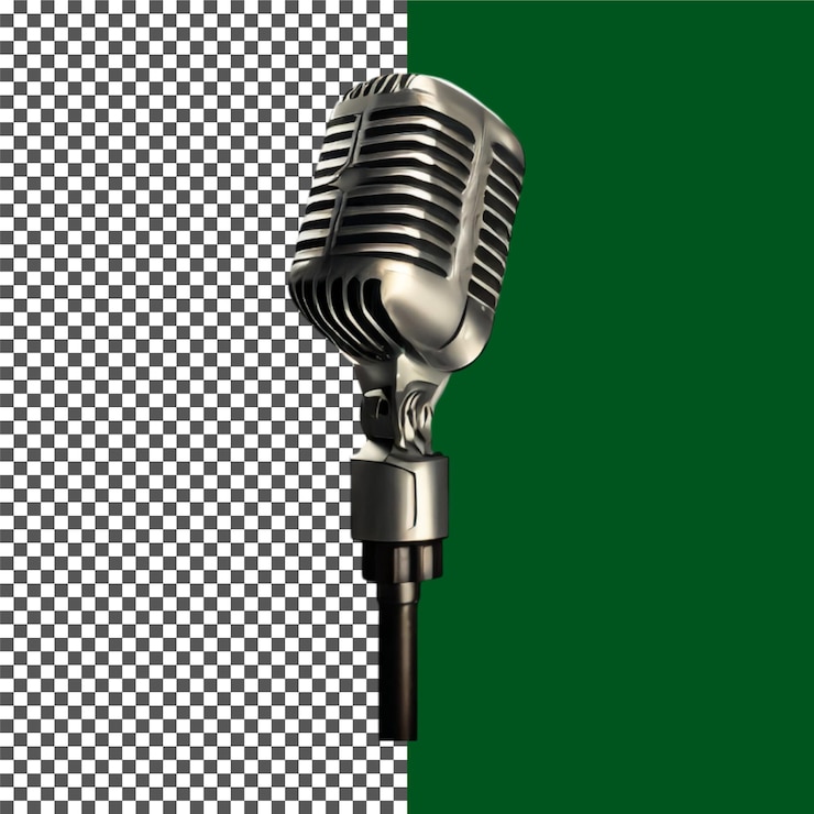 PSD vintage silver microphone oldschool microphone on stand for radio shows and voiceover work on trans