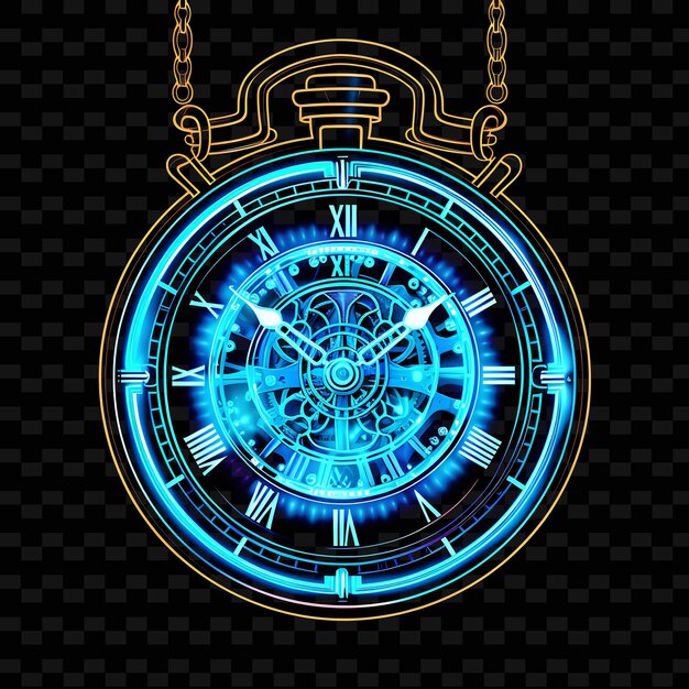 PSD orologi da tasca con linee al neon elettriche steampunk vintage, forme vibranti png y2k, arti luminose trasparenti