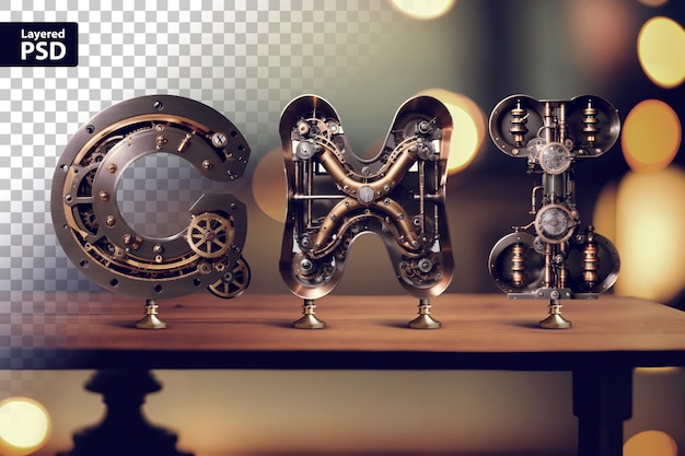 PSD vintage steampunk letters staan op tafel met onscherpe bokeh achtergrond