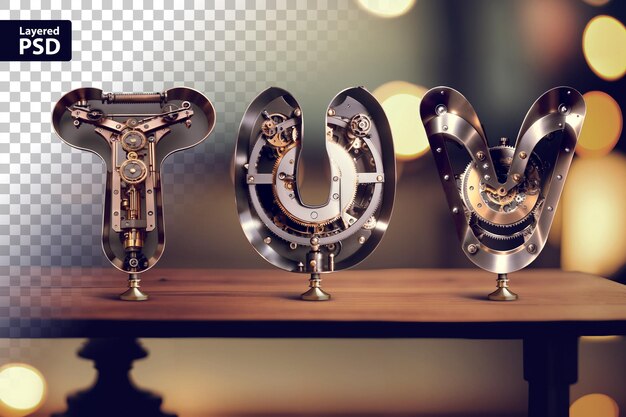 PSD vintage steampunk letters staan op tafel met onscherpe bokeh achtergrond