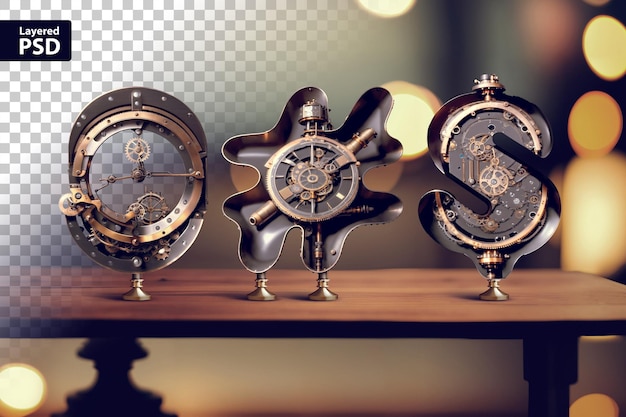 Vintage steampunk letters staan op tafel met onscherpe bokeh achtergrond