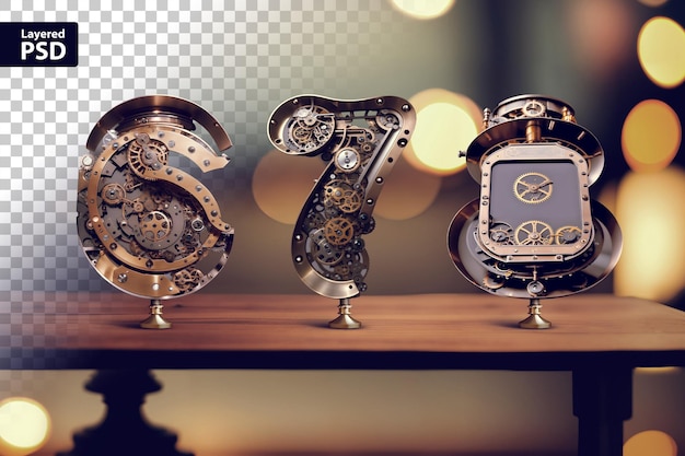 vintage steampunk letters standing on the table with blurred bokeh background