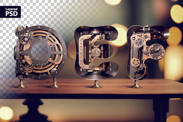 PSD lettere steampunk vintage in piedi sul tavolo con sfondo bokeh sfocato