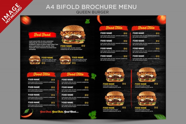 PSD vintage style queen burger bifold brochure menu series