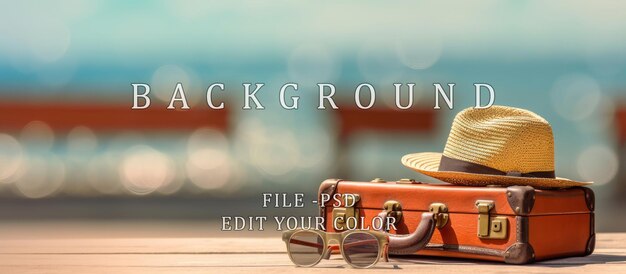 PSD vintage suitcase sunglasses and hat on wooden table sea and beach blur background