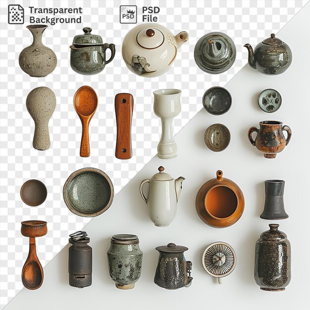 PSD vintage tea set collection set displayed on a white wall featuring a variety of pots bowls and spoons in brown white and small sizes