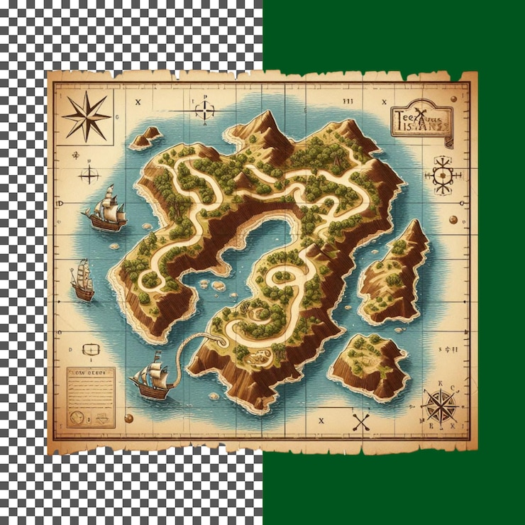 PSD vintage treasure map with ships and mountains on transparent background png psd