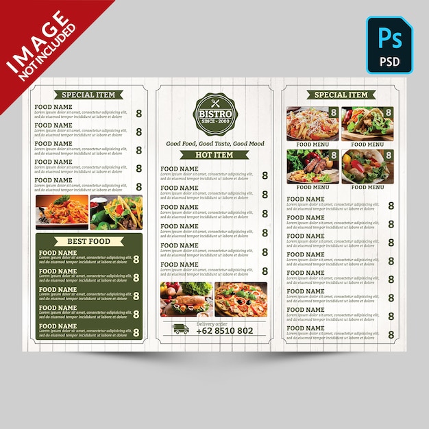 PSD vintage trifold restaurant menu promotion back side