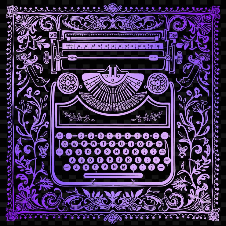 PSD vintage typewriter folk art with key pattern and paper detai illustration decor motifs collection